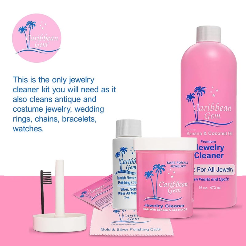 Caribbean Gem Jewelry Cleaner 16oz & 8oz, Basket, Brush, Polishing Cream & Polishing Cloth - Jewelry Cleaning Kit for All Gold, Silver, Diamonds, Rings, Necklaces, Gems, Precious Stones & Metals - Image 4